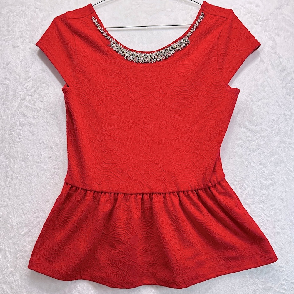 Red Textured Rhinestone Neckline Peplum Top Cap Sleeves Party Dressy Glam Alya